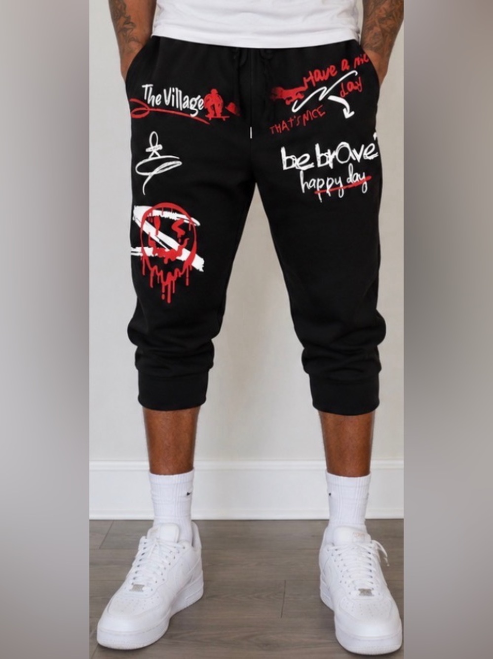 Mens Black Graphic Cropped Jogger shorts - Picture 1 of 10